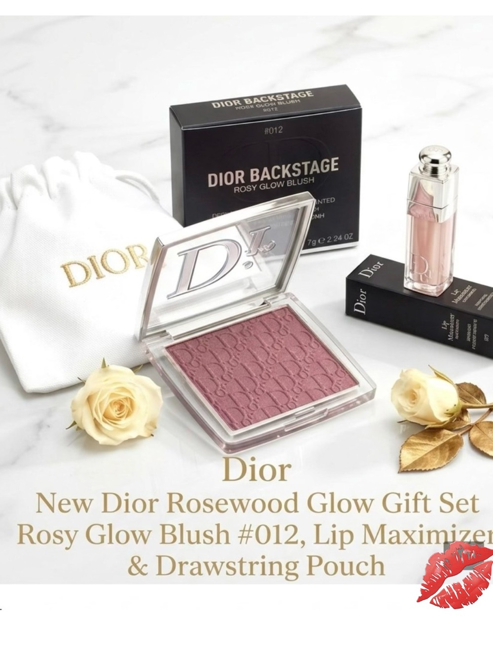 NIB Dior Rosy Glow Blush #012 Rosewood with Lip Maximizer & Pouch